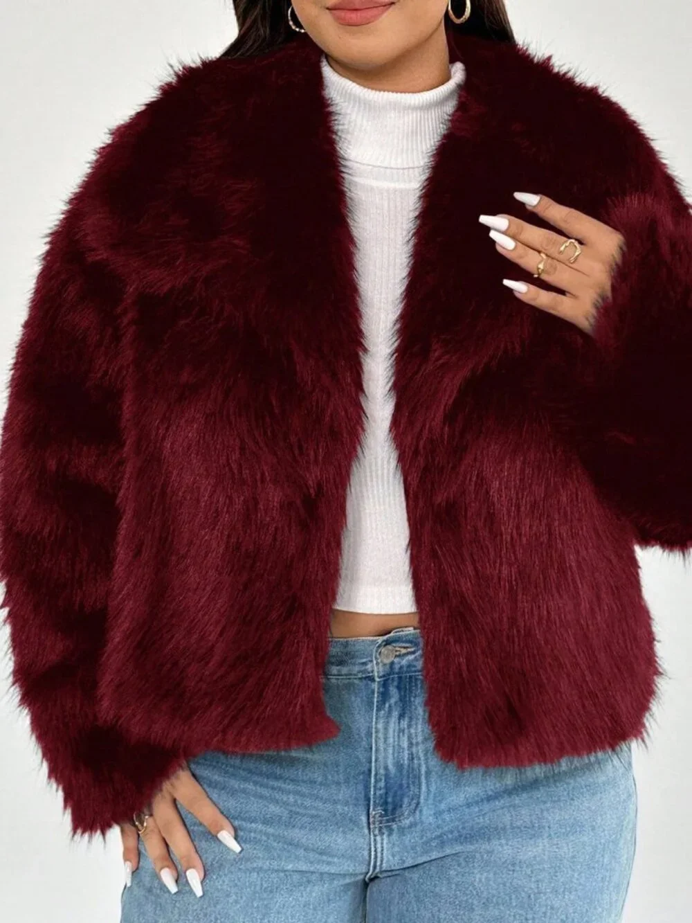 Burgundy Elegant Women's Plus Size Collar Loose Long Sleeve Furry Coat